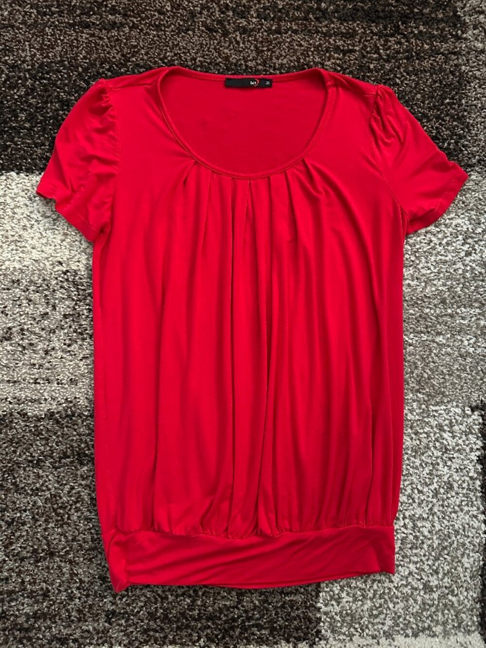 DJT FASHION (M) Red Pleated Tee Scoop Blouson Top Bright Gathered Banded #2